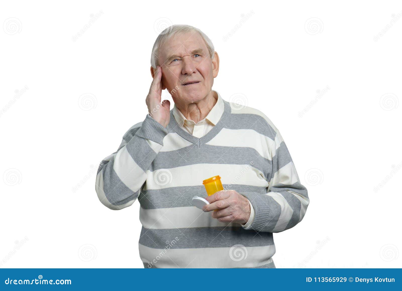 Sick Senior Man With Headache And Bottle Of Pills Sick Senior Man With Headache And Bottle Of Pills