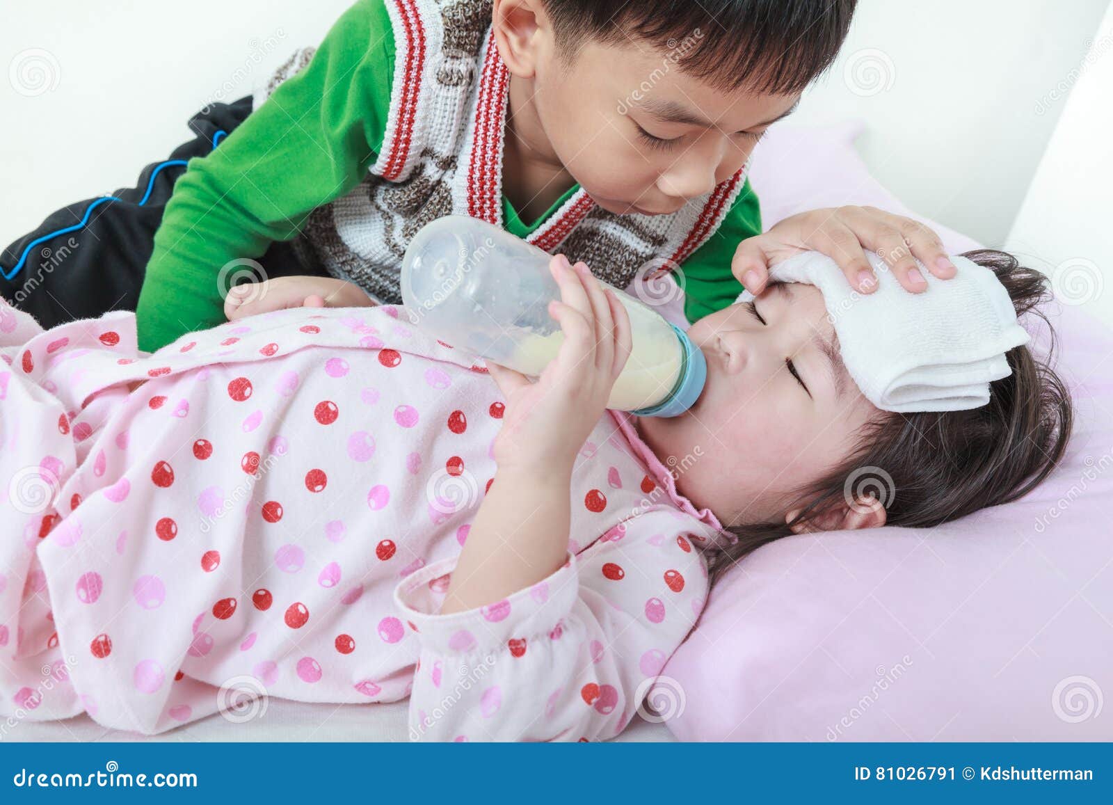 Sick Sister Lying and Suck Up Milk on the Bed, Kindly Brother Keep Vigil  Over a Sick of Closely. Stock Image - Image of lovable, children: 81026791