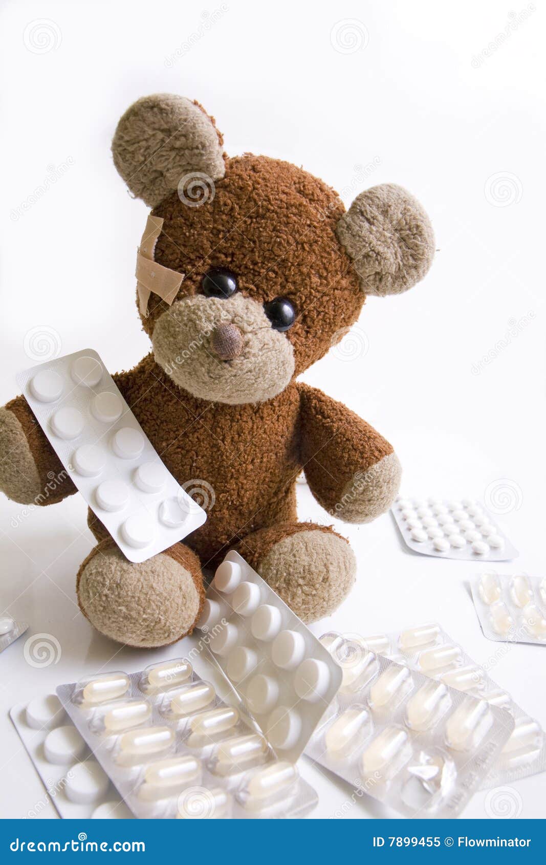 Sick Teddy Bear with Pills. Stock Image Image of backgrounds, pills