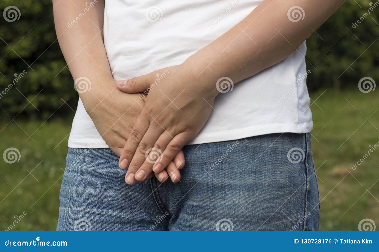 Close Woman Hands Holding Her Crotch Stock Photo 234591922