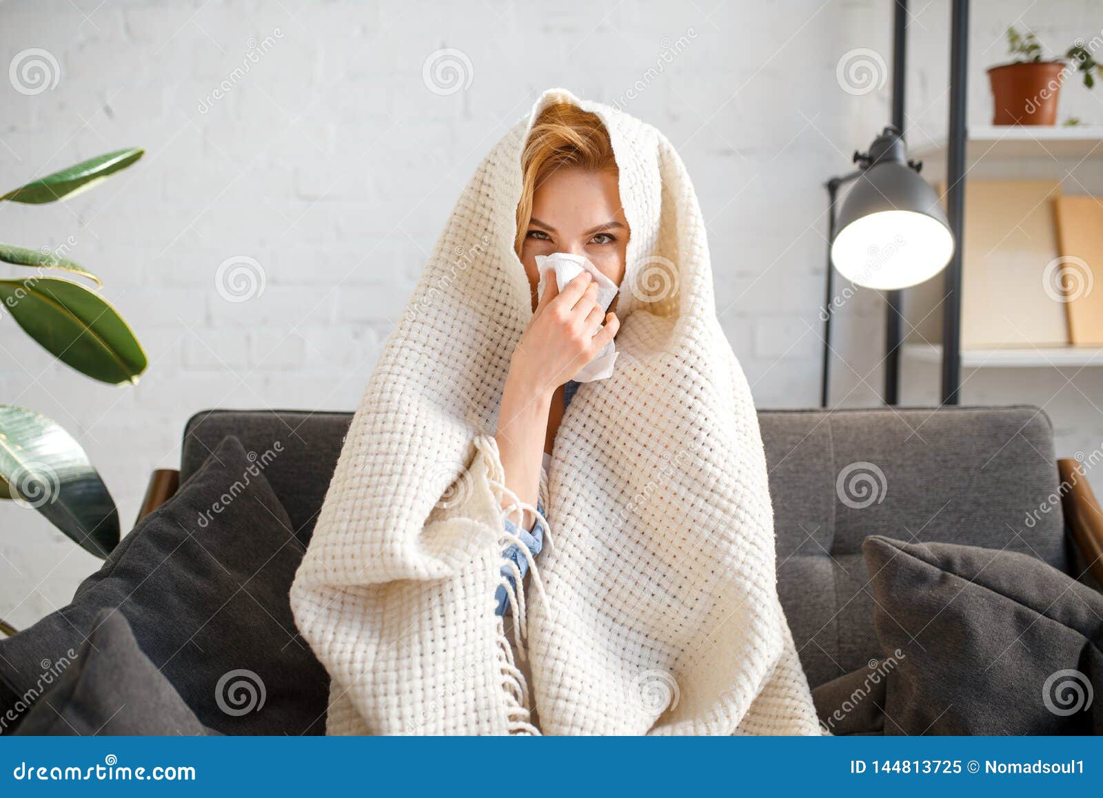 Sick Woman Sitting with Kerchief Under the Blanket Stock Image - Image ...