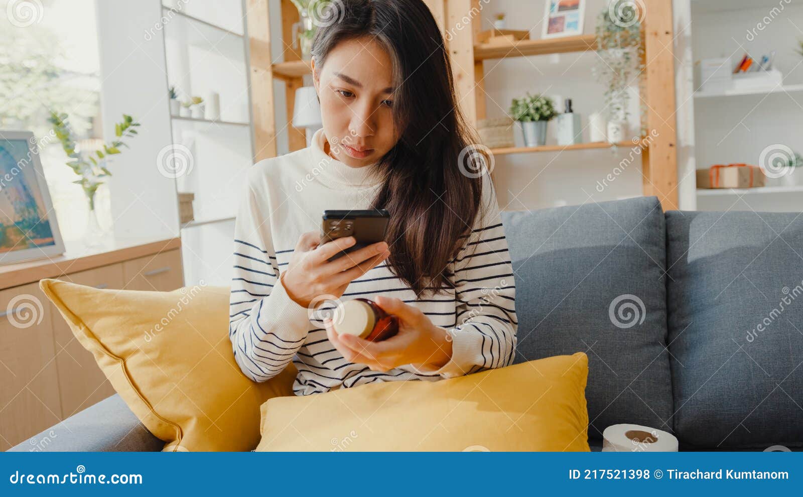 Sick Young Asian Woman Hold Medicine Sit On Couch Take Photo Sent To Doctor At Home Girl Take 