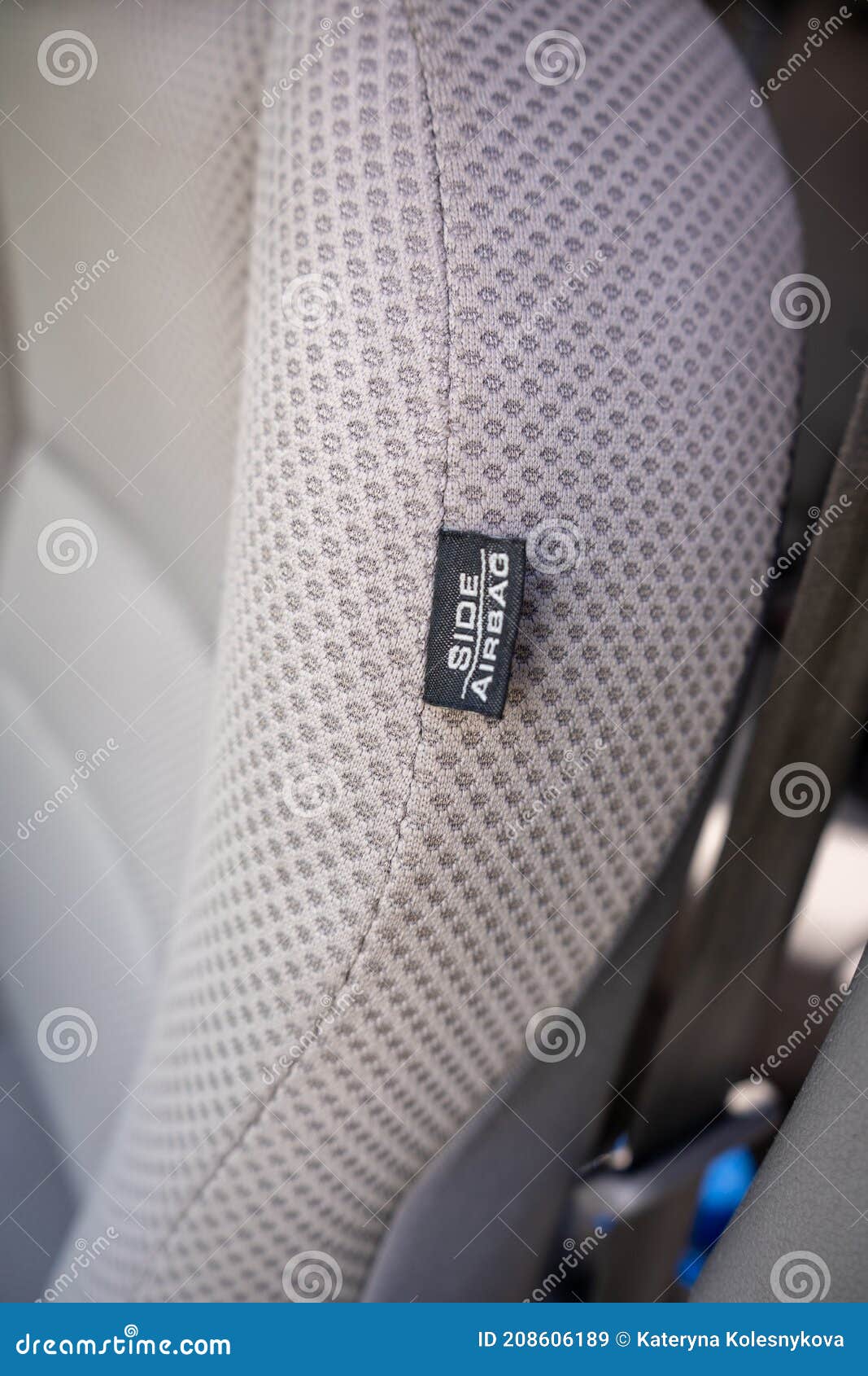 Side Airbag Label on Car Seat. Car Safety and Warning System Stock