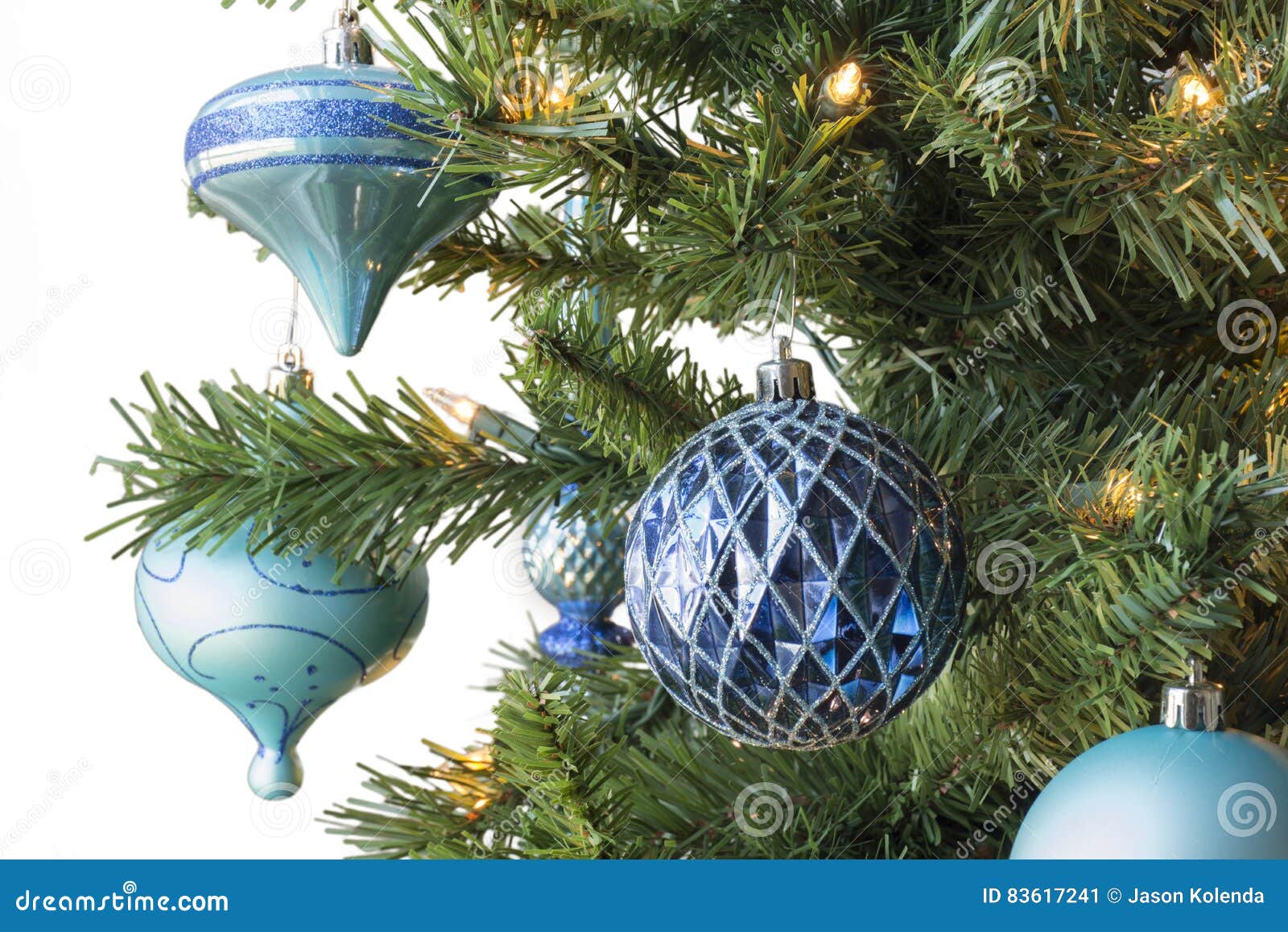 Side of Christmas Tree with Blue Ornaments Stock Image Image of