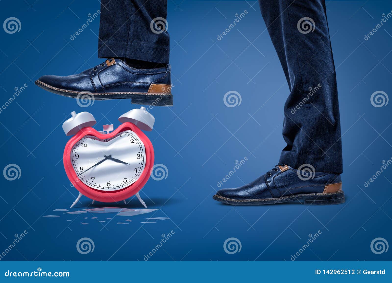 Side Close-up of Man`s Feet, One Foot Raised To Crush Broken Bent Alarm