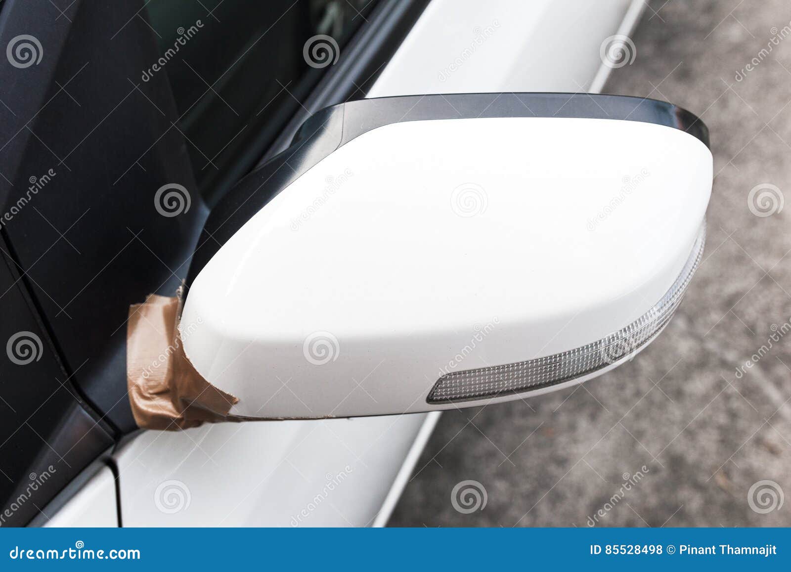 Side Mirror of White Car Broken. Stock Photo Image of light, white