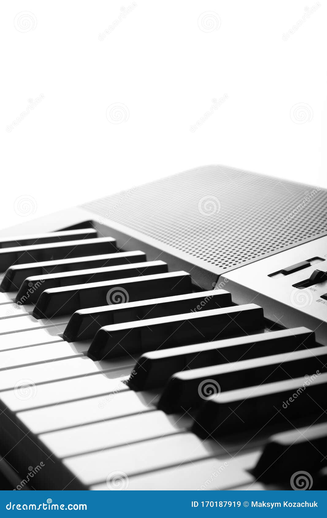 Side, Perspective View of Electronic Synthesizer Piano Keys Stock Image