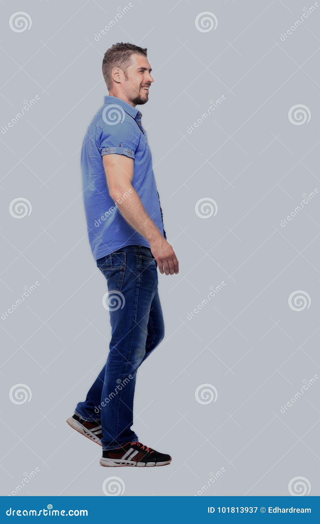 Side View of a Smiling Casual Man Walking , on White Background Stock ...