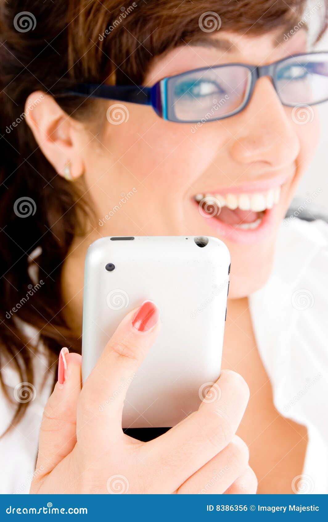 side pose of smiling female holding ipod