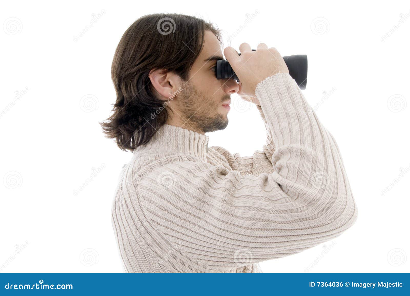 Side Pose of Young Man Watching through Binocular Stock Photo Image