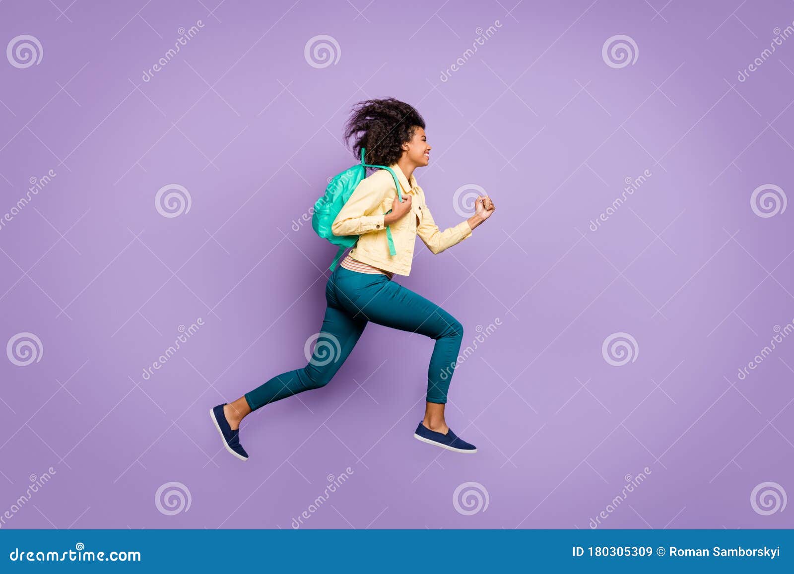 side profile full length body size photo of cheerful positive running jumping girl wearing pants trousers yellow shirt