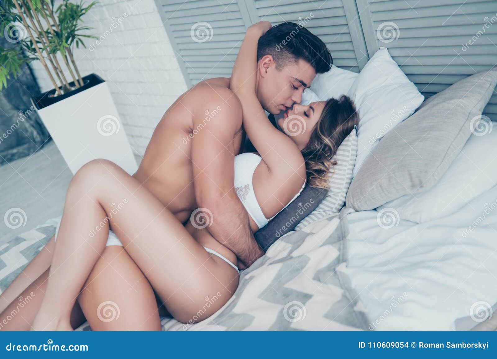 Side Profile View of Naked Couple Kissing, Hugging before Sex, S Stock Photo picture