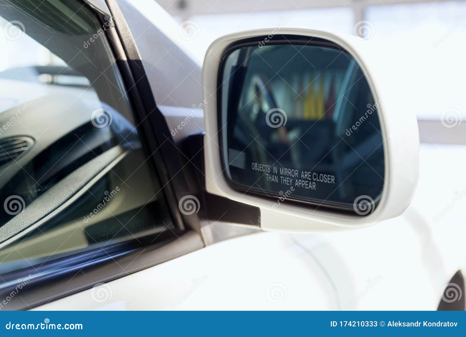 rear-view mirror with an inscription warning that objects are closer than cadets