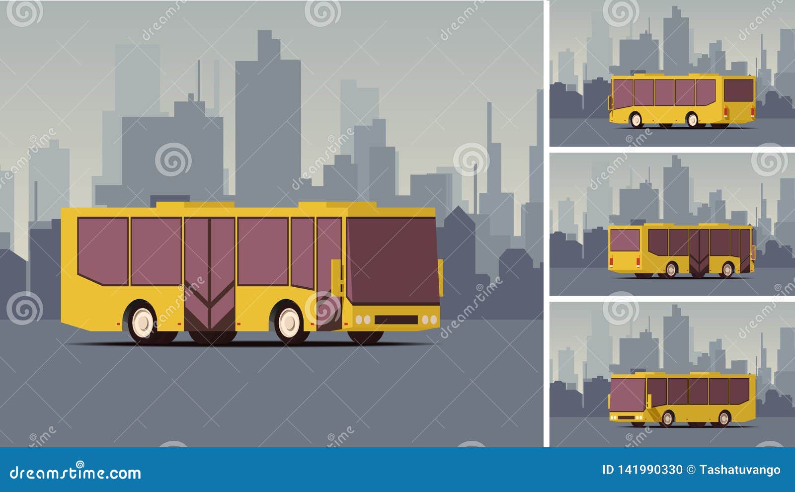side view autobus or public transport with city landscape on the background.