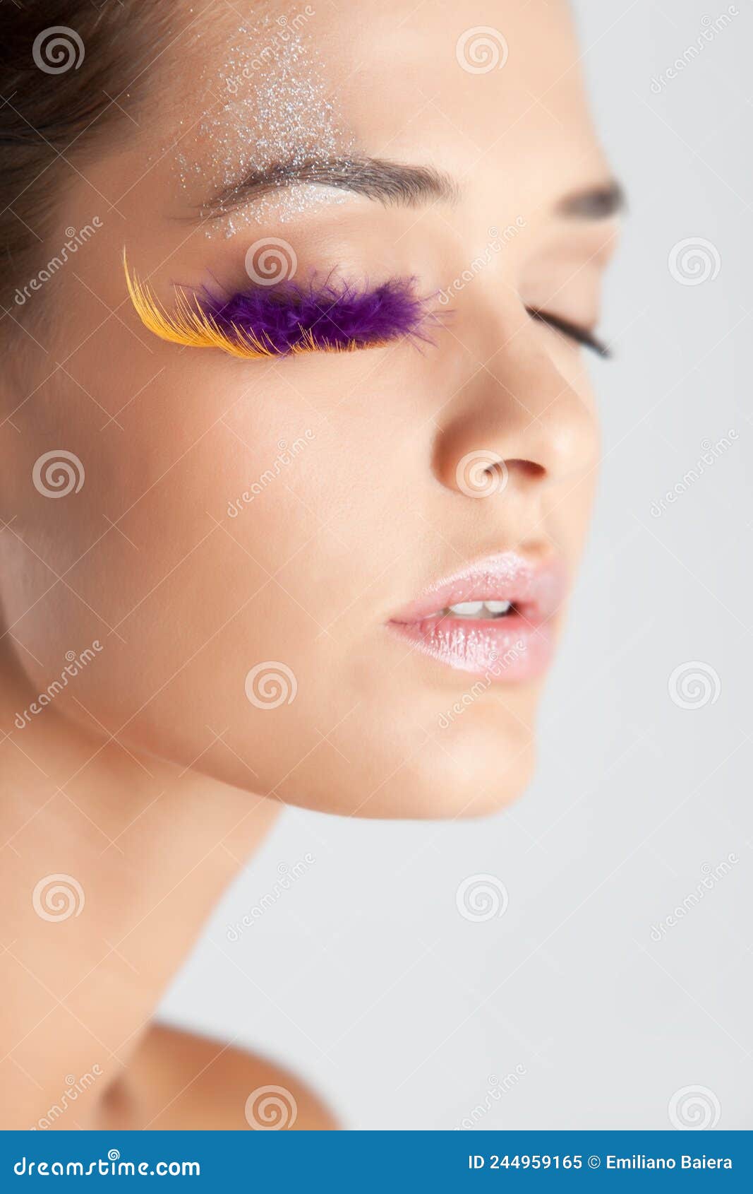 Model with Fake Eyelashes Made of Feather Eyes Closed Glitters on Her