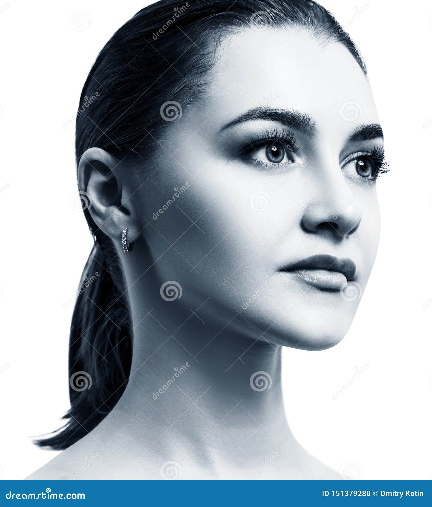 Side View on Beautiful Female Face with Perfect Skin. Stock Photo
