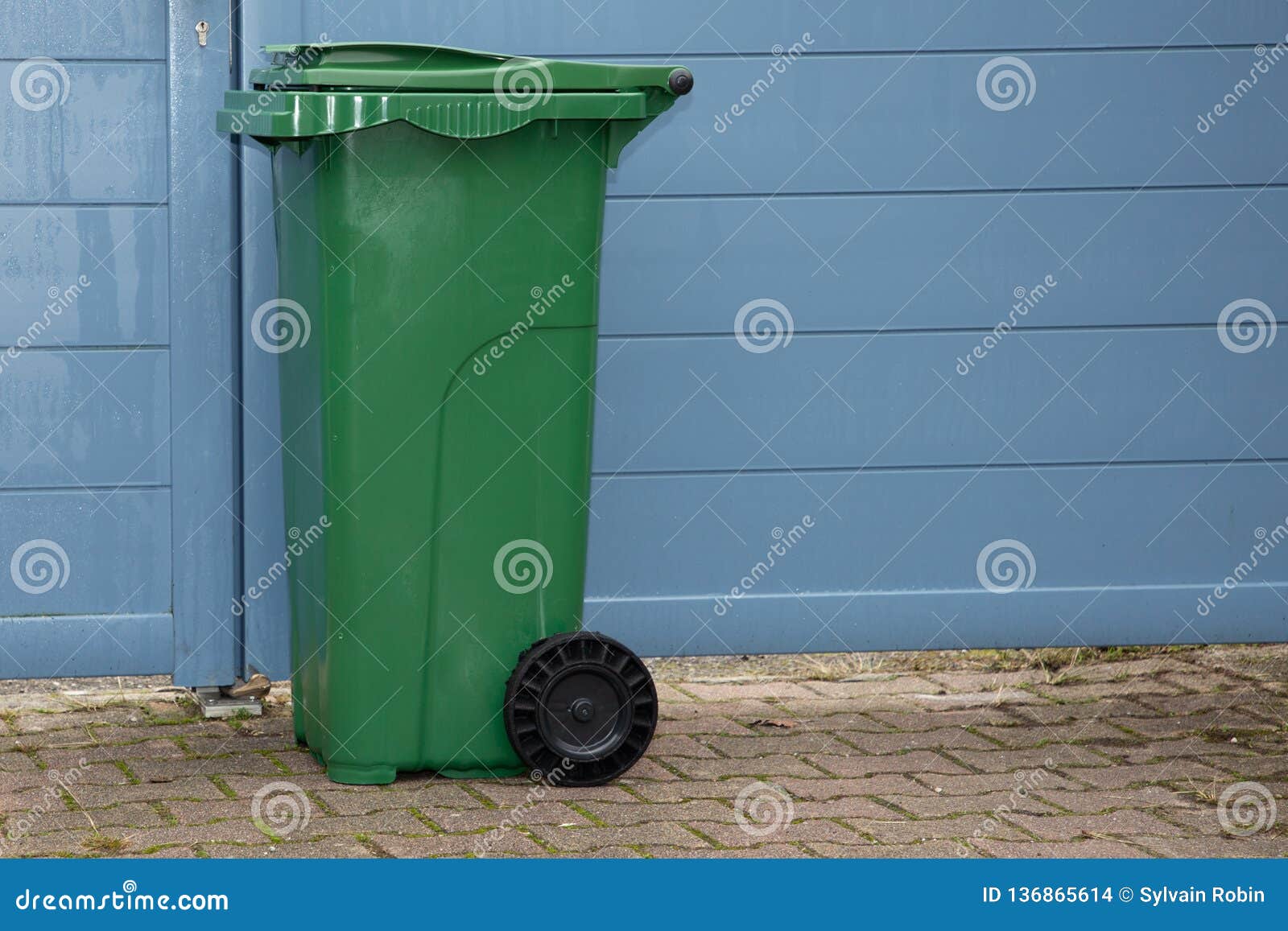 Side View Big Green Trash Can in Street Front Home Stock Photo Image of refuse, ecology 136865614