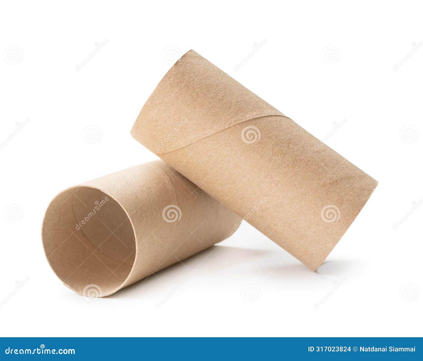 side view of brown tissue paper cores in stack  on white background with clipping path