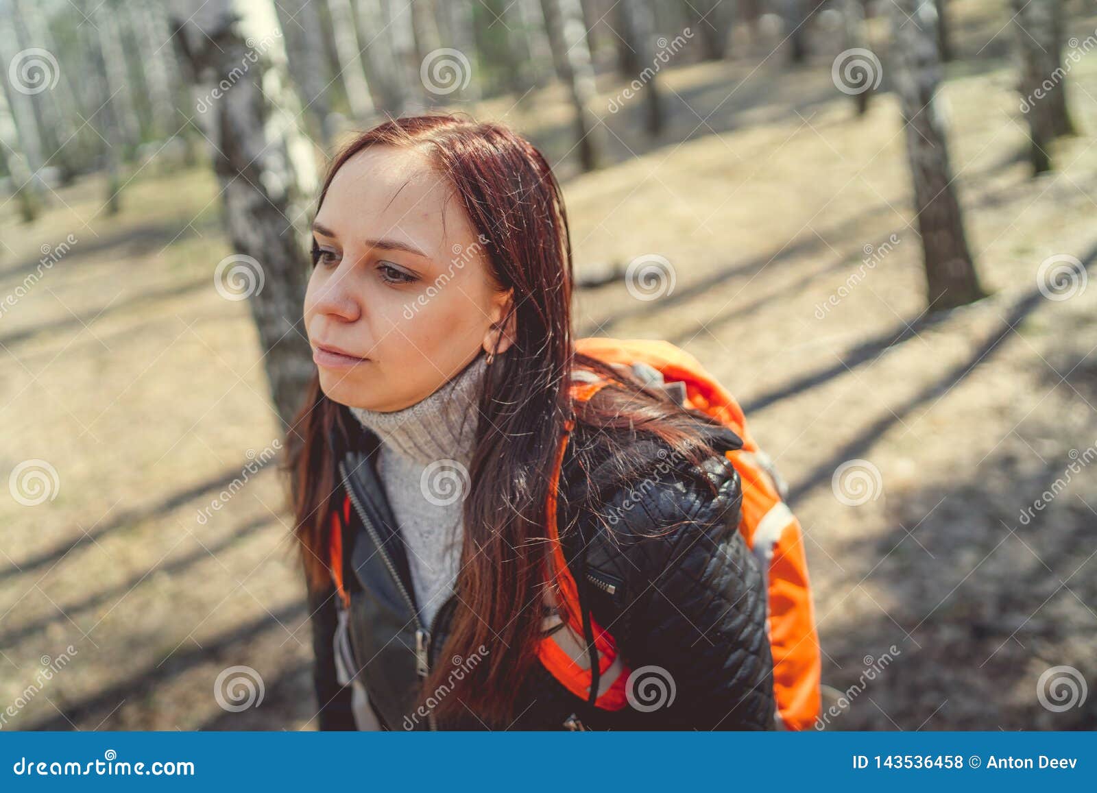 Woman with Backpack Walking in Woods Side View of Casual Woman Carrying ...