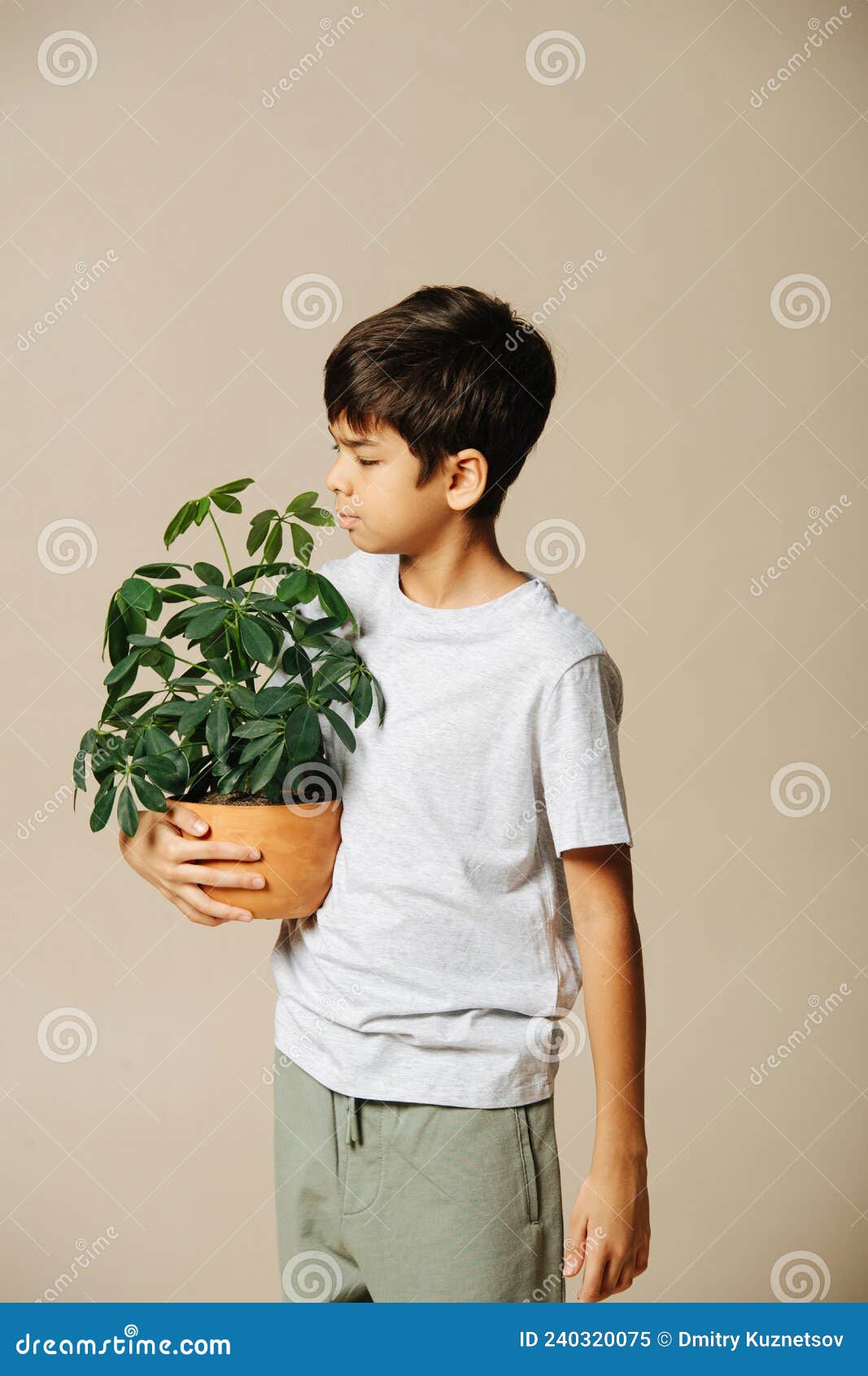 Side View of a Casually Dressed Indian Boy Holding a Potted Plant in