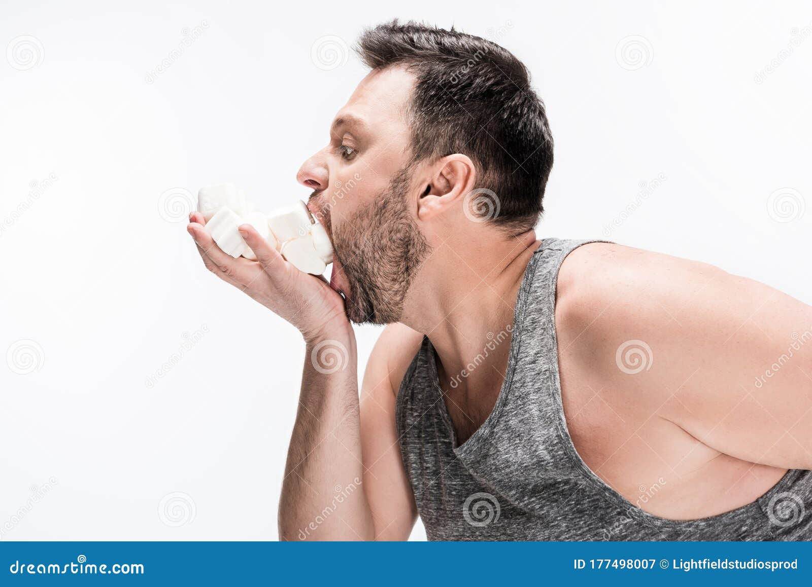 Chubby Man Eating Marshmallows Isolated on White Stock Image Image of overweight, hungry