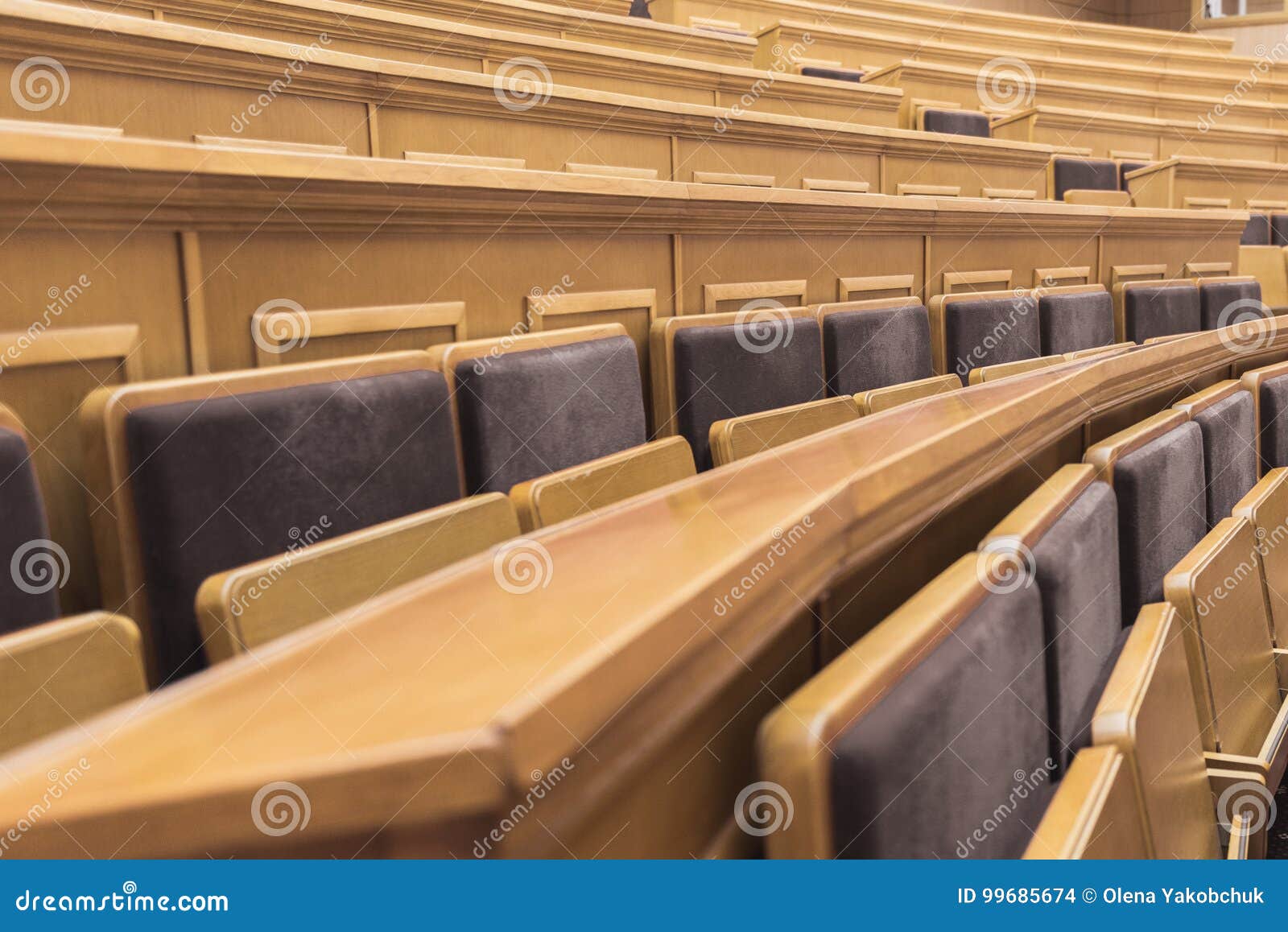 Wooden Desks With Chairs In Lecture Hall Stock Photo Image Of