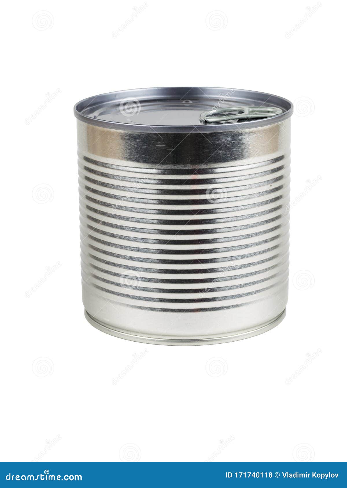 side view of a closed tin can  on a white background.