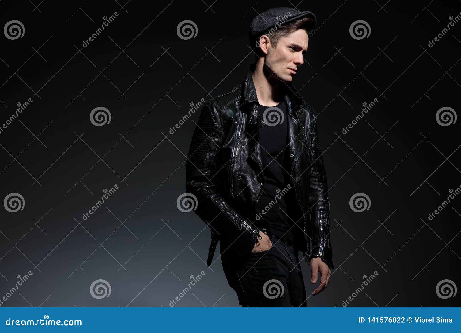Side View of a Cool Man in Leather Jacket Walking Stock Photo - Image ...