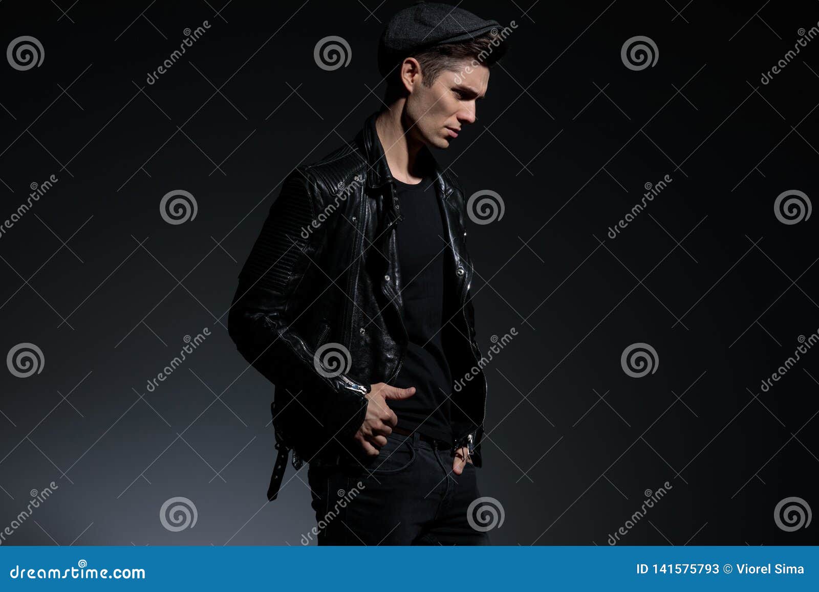 Side View of a Dramatic Young Man in Leather Jacket Stock Image - Image ...