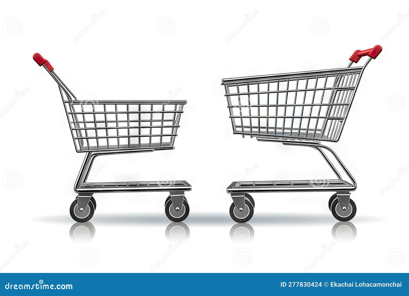 Side View of an Empty Metallic Shopping Cart Isolated on White