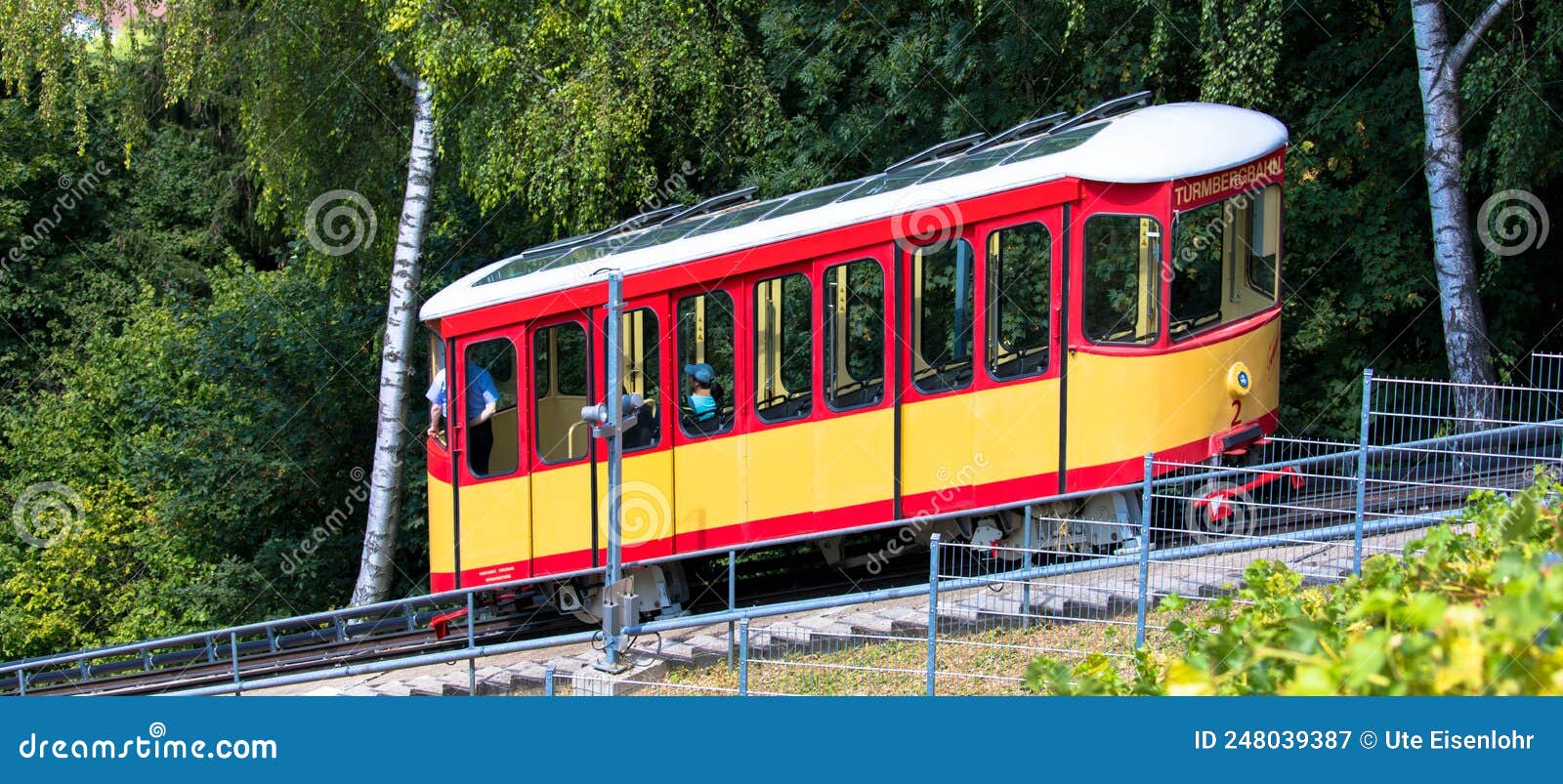 side view of germany`s oldest funicular from durlach to the turmberg called turmbergbahn. karlsruhe, baden-wuerttemberg, germany