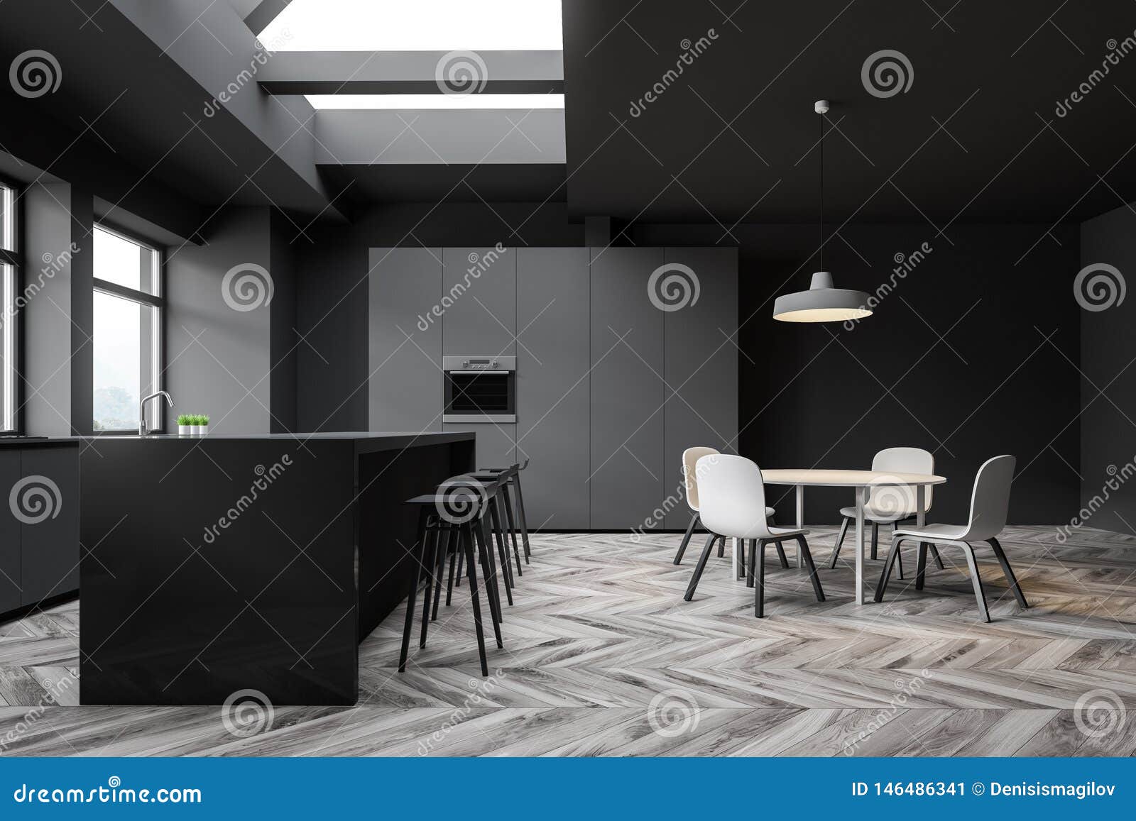 Side View of Gray Kitchen with Bar and Table Stock Illustration