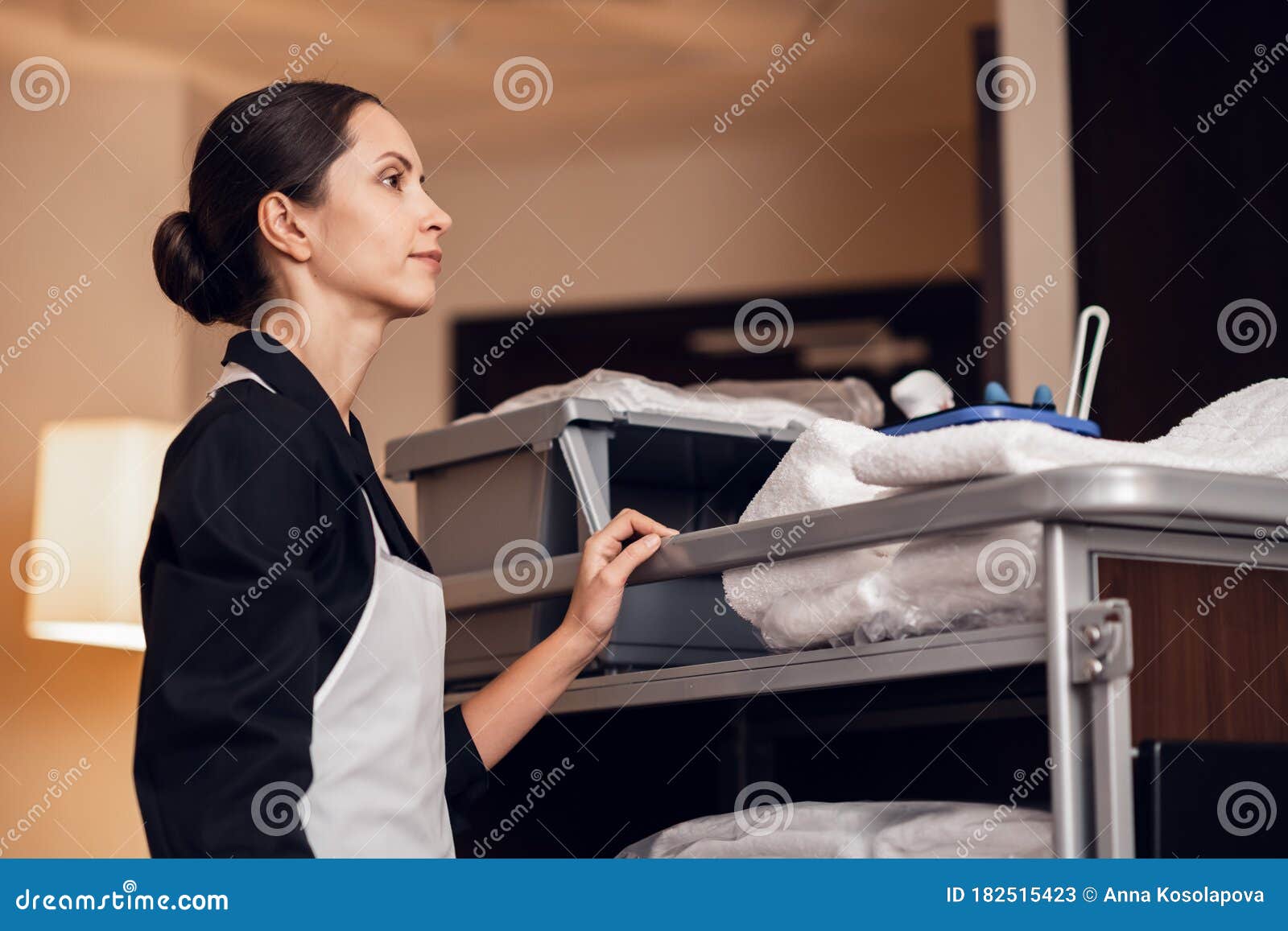 Side View of a Housekeeping Lady with a Cleaning Cart Stock Image