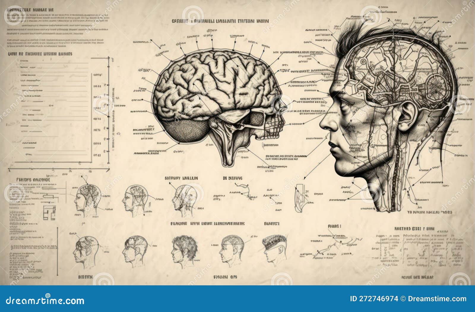 Side View. Human Brain Schematic in Retro Sketch Style. Beautiful
