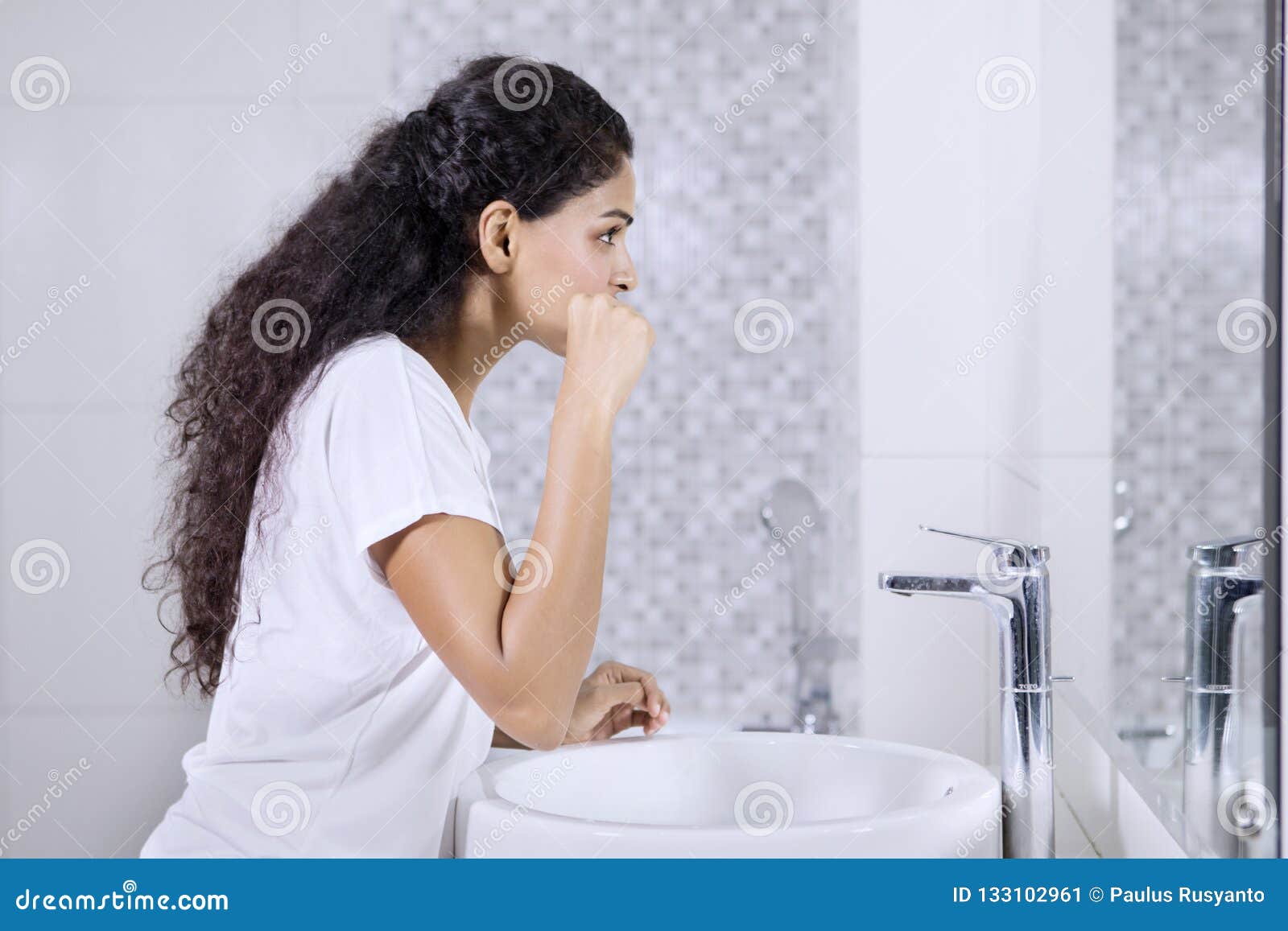 Indian Woman Brushes Teeth In The Bathroom Stock Image Image Of