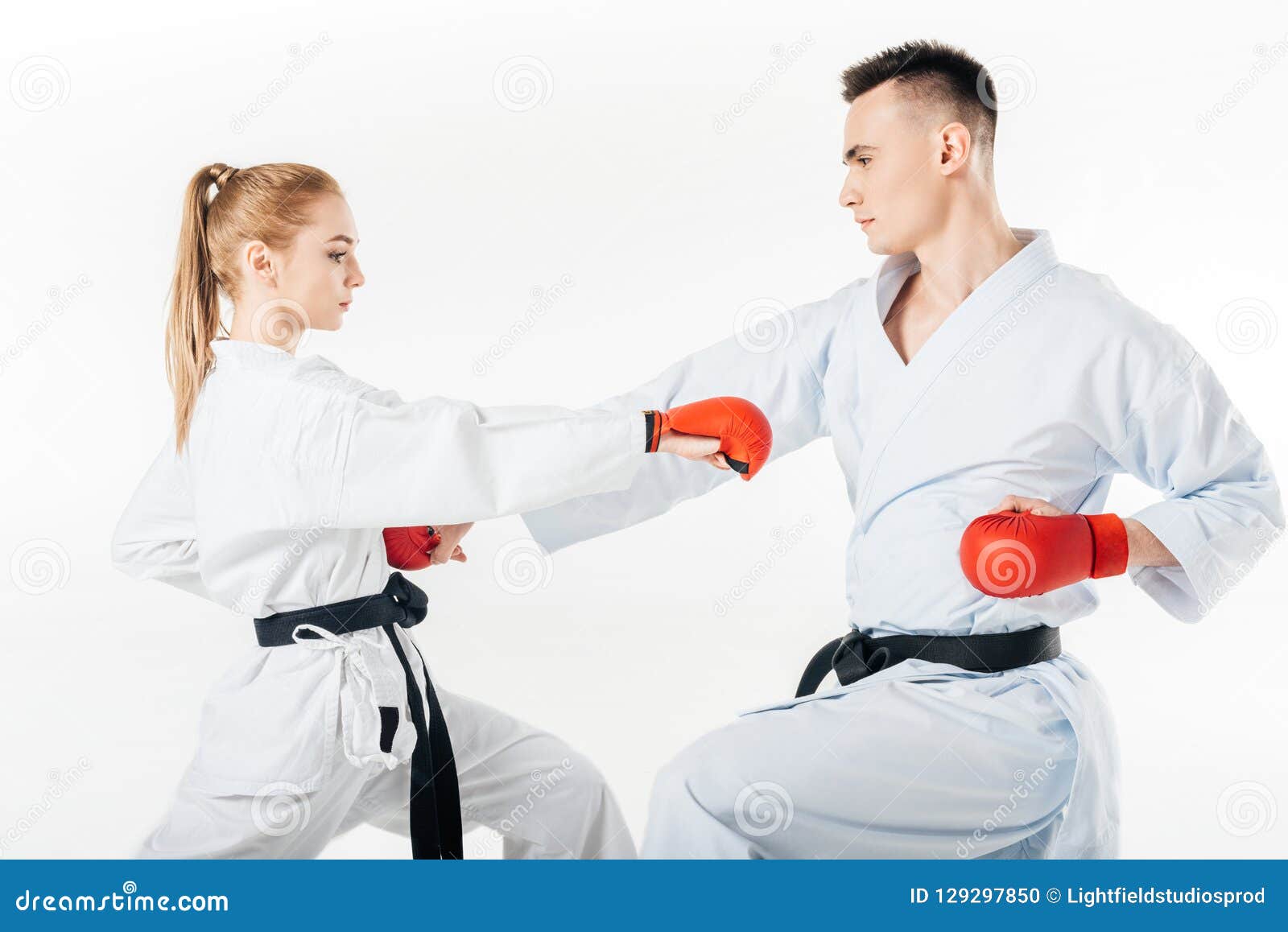Side View of Karate Fighters Training in Kimono and Red Gloves Stock Photo Image of kimono