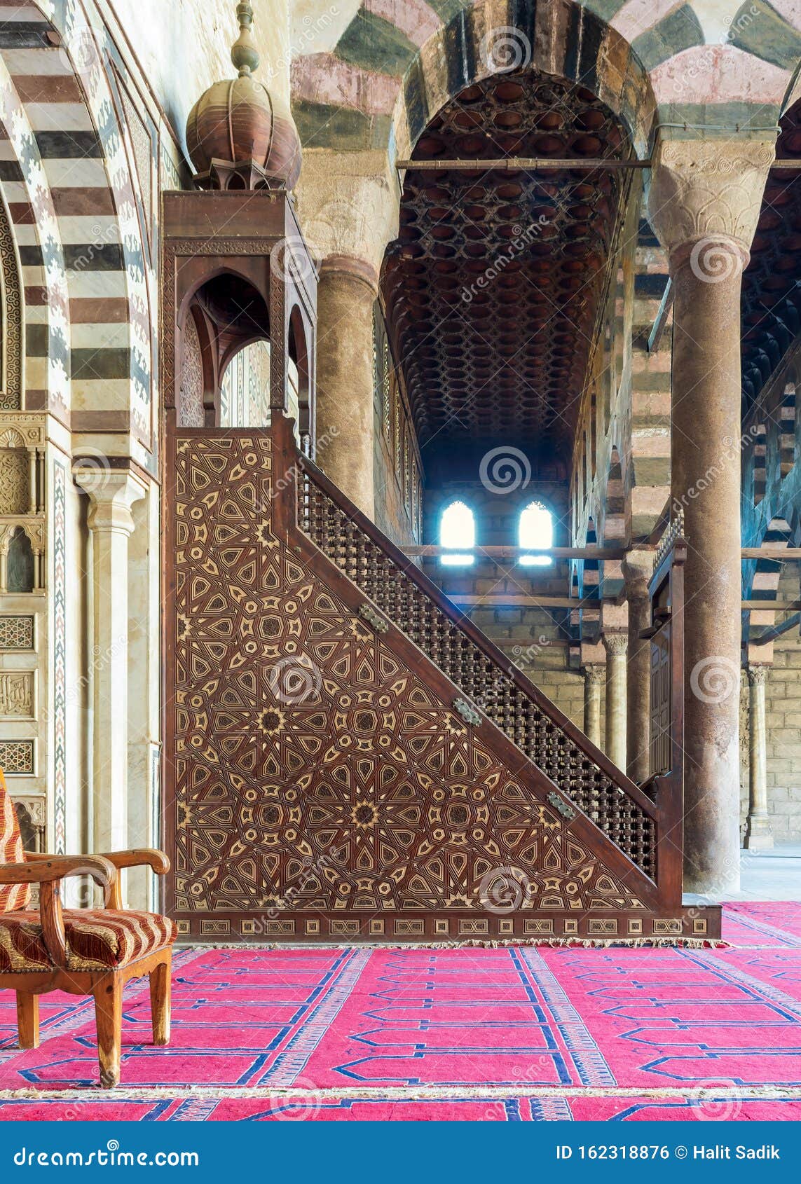 minbar decorated with arabesque geometrical patterns, historic ibn qalawun mosque, cairo, egypt