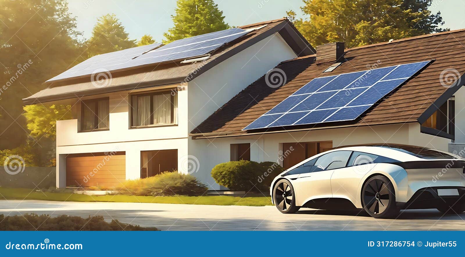 side view of a modern eco smart house with solar panels and electric futuristic white car. solar panels on a roof charging an