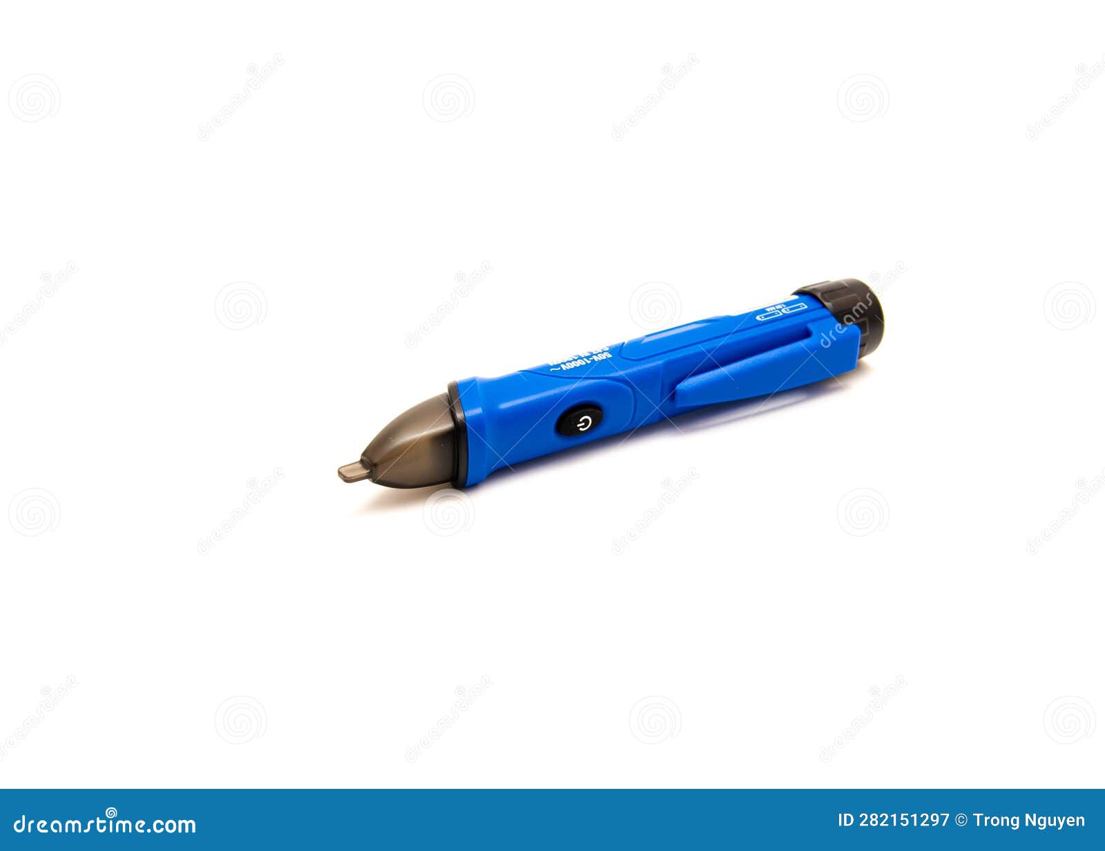 side view non-contact voltage tester detector pen with power button  on white background, detect voltage in cable, outlet