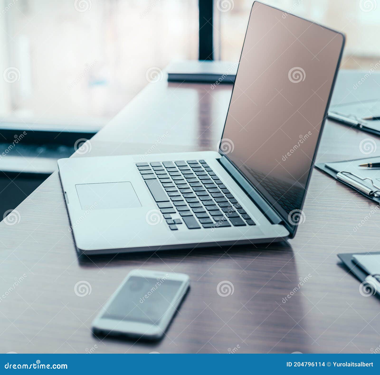 Side View. Open Laptop on the Office Desk Stock Photo - Image of