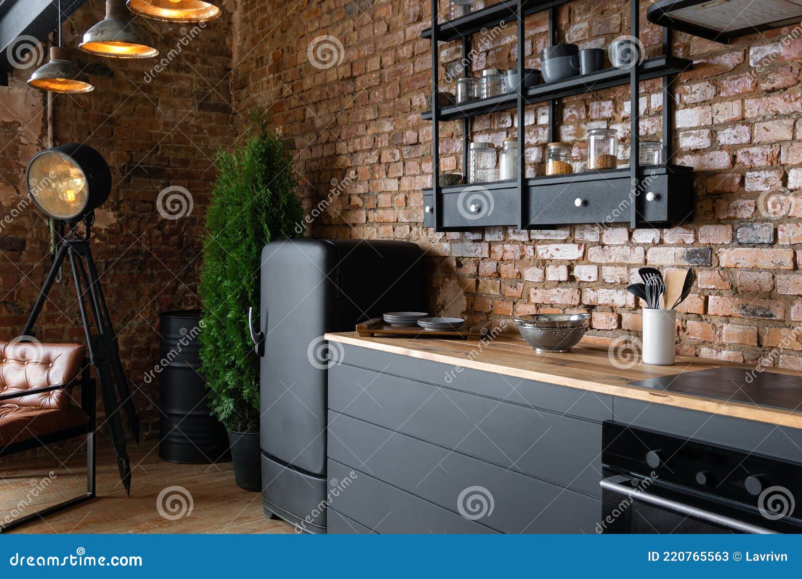 Side View on an Open Space Industrial Loft Kitchen with Vintage ...