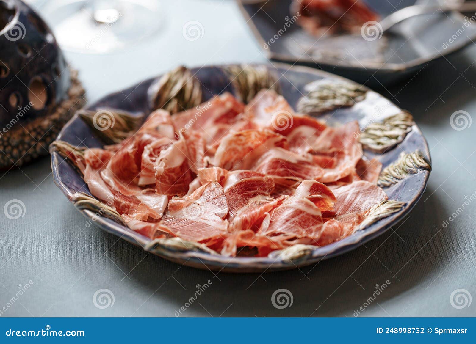 Side View on Plate of Spanish Jamon Appetizer Stock Photo Image of