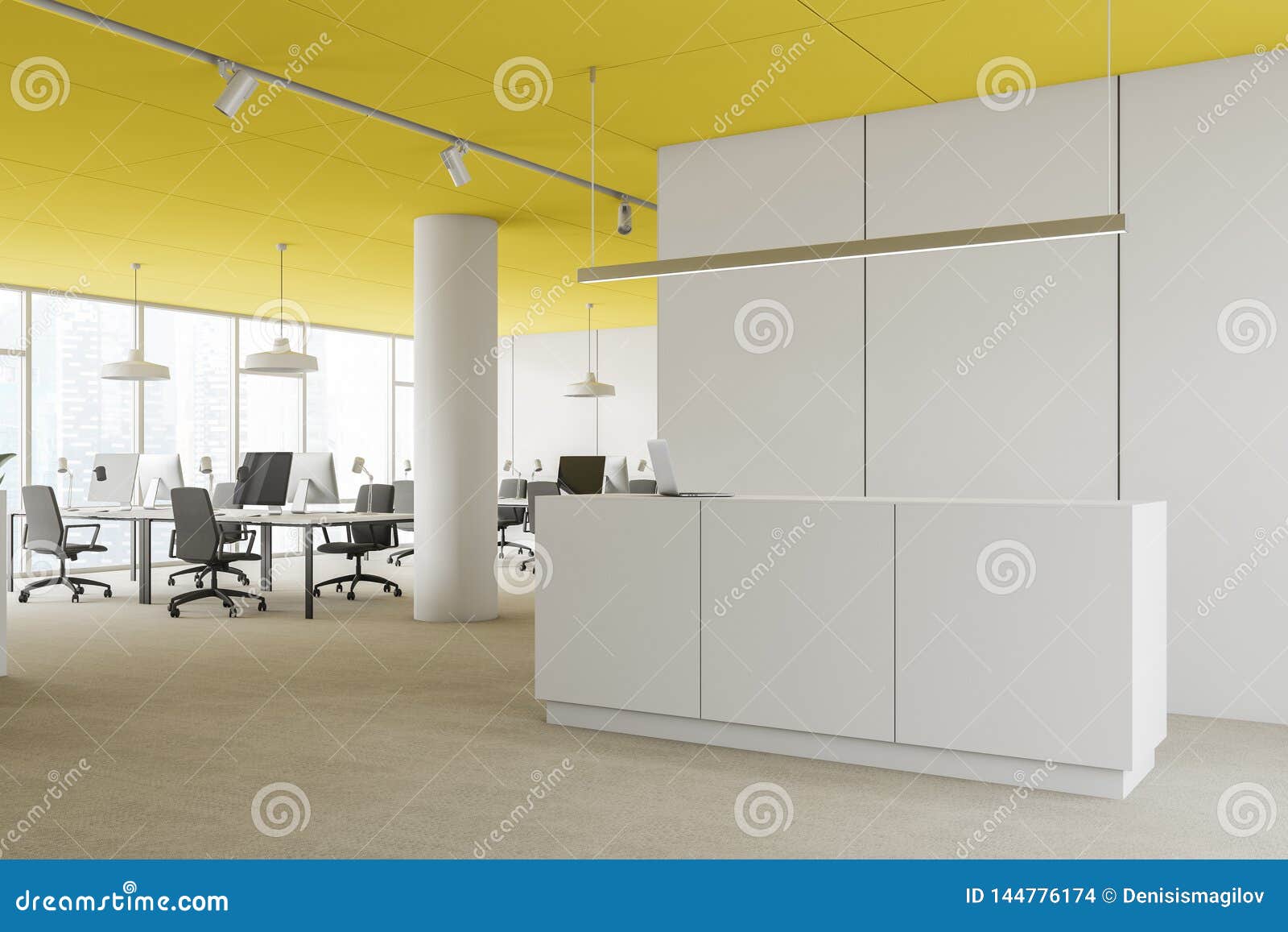 Side View Of Reception In Yellow Ceiling Office Stock