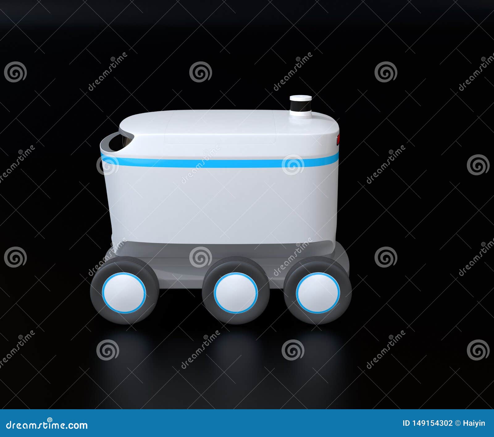 side view of self-driving delivery robot on black background
