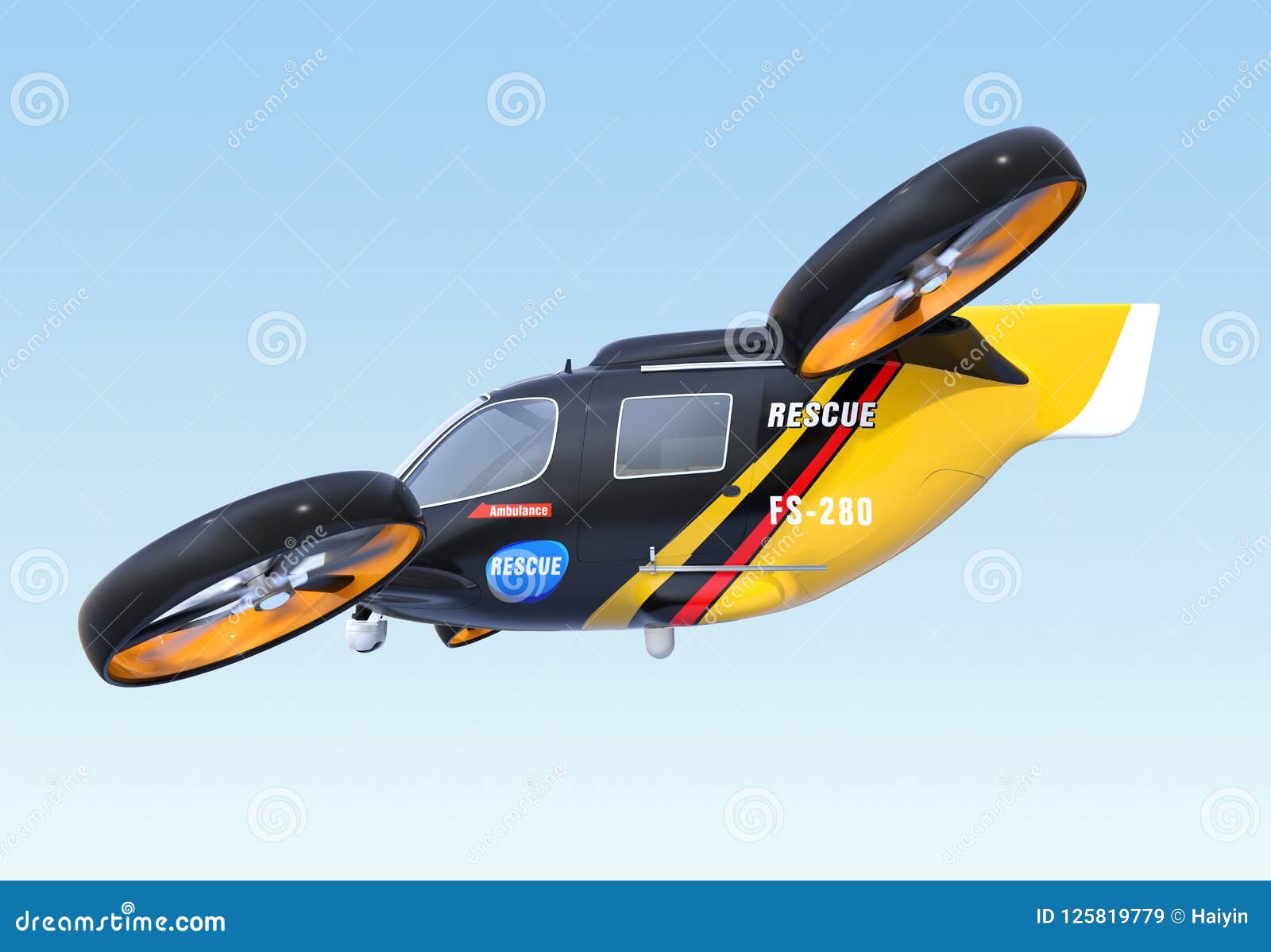 side view of self-driving rescue drone flying in the sky