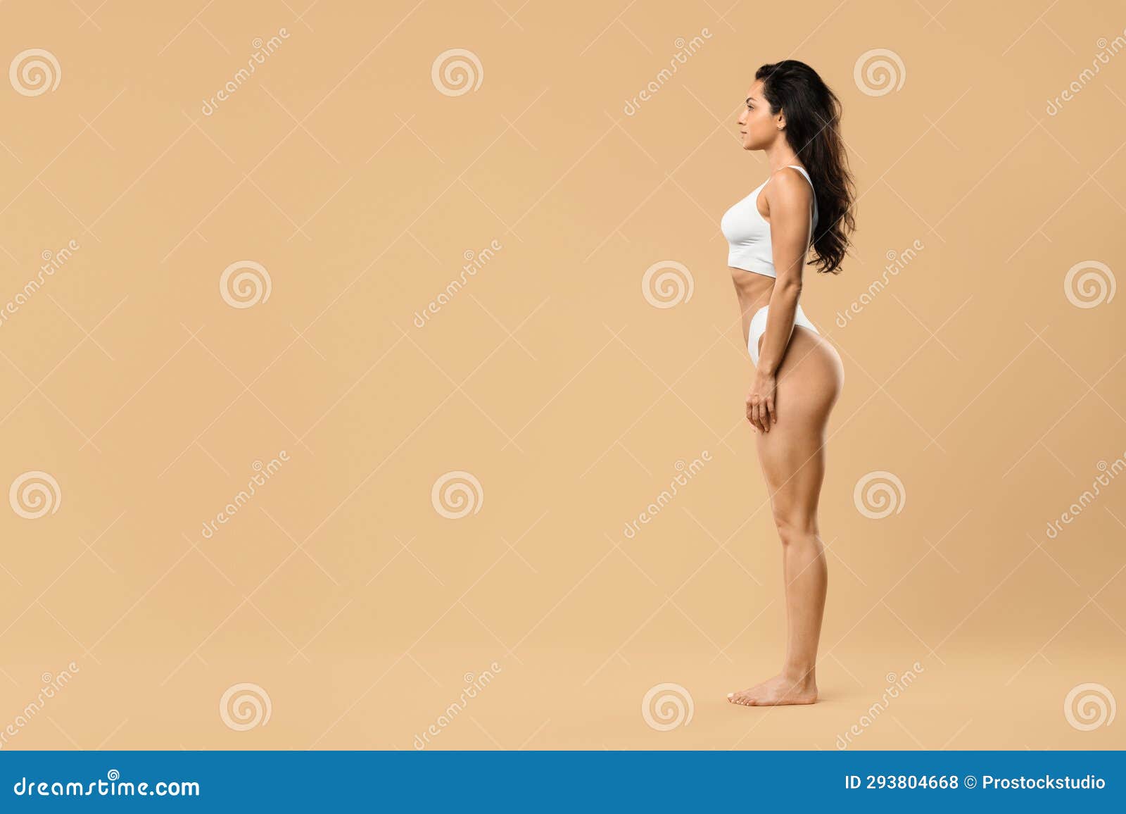 Front, side and back view of slim lady in underwear posing and  demonstrating perfect body shape Stock Photo by Prostock-studio