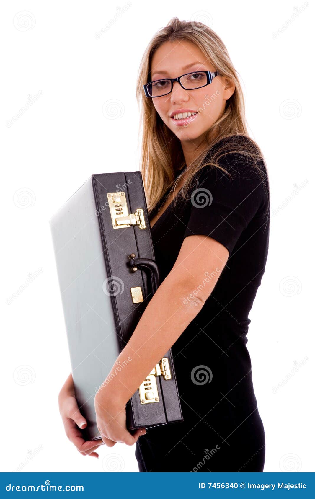 Side View of Smiling Woman Holding Briefcase Stock Photo Image of