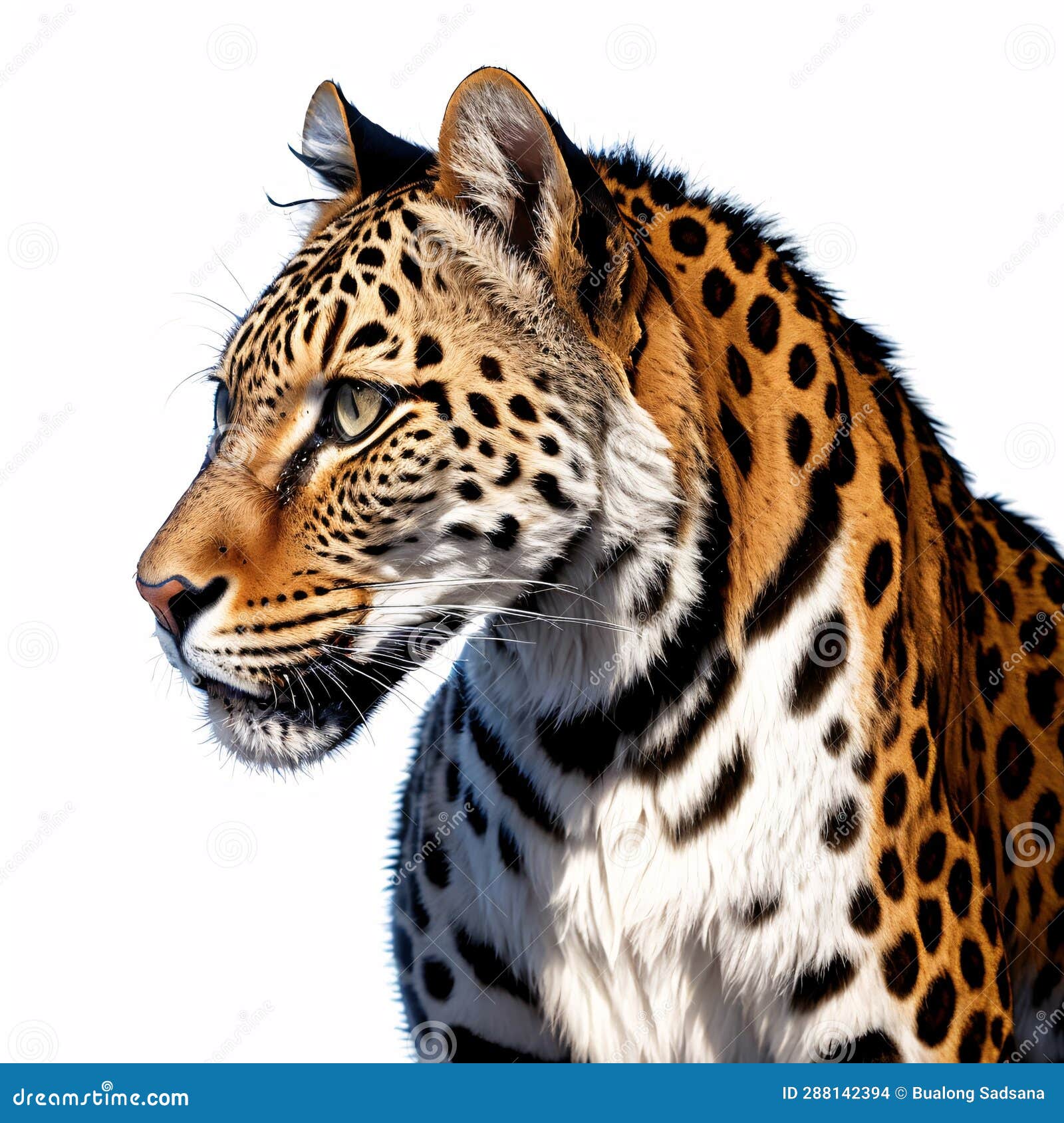 Side View of a Spotted Leopard Sitting in Front and Looking Away. Stock