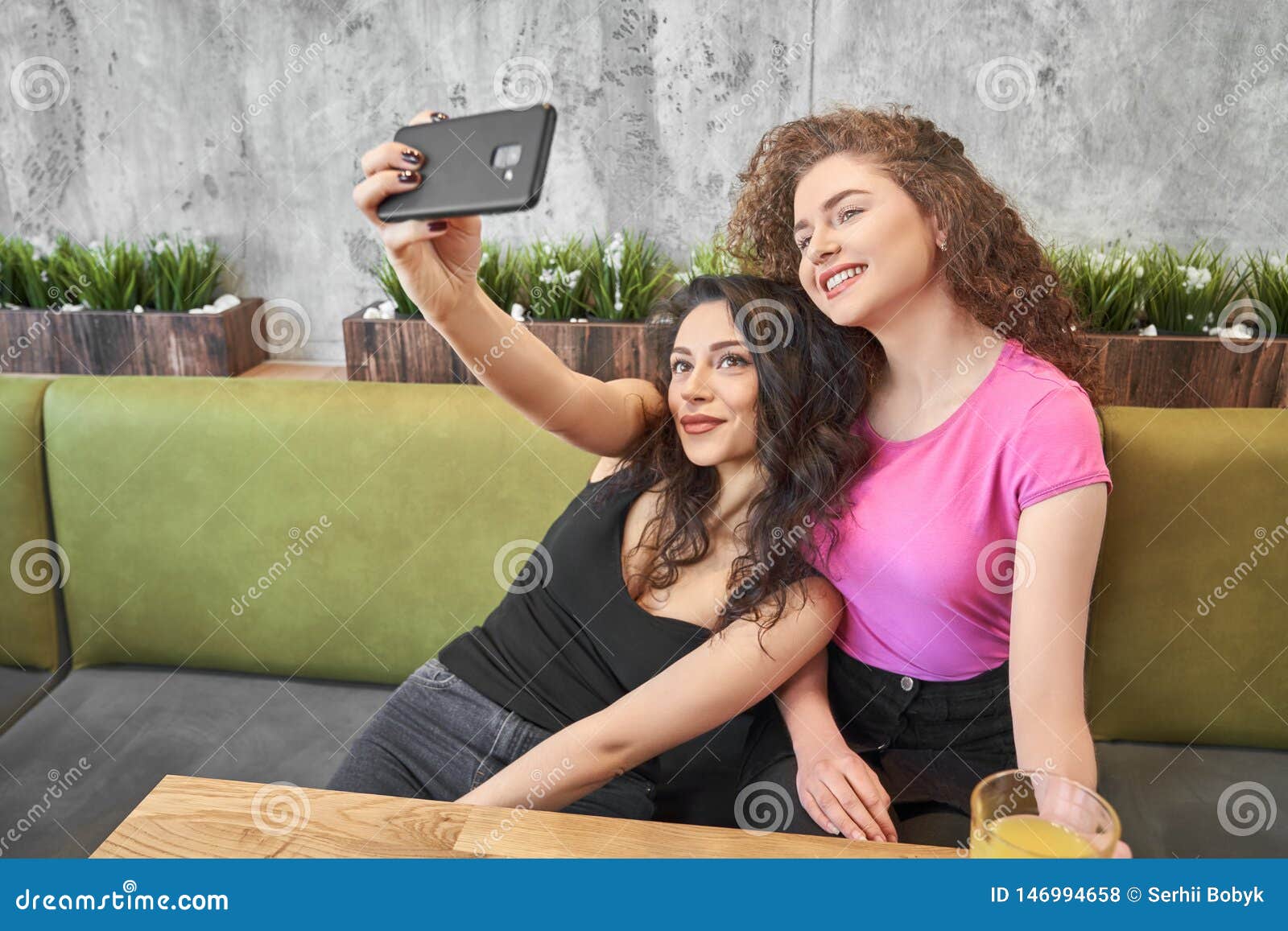 Side View of Two Best Friends Doing Selfie in Cafe Stock Photo - Image ...