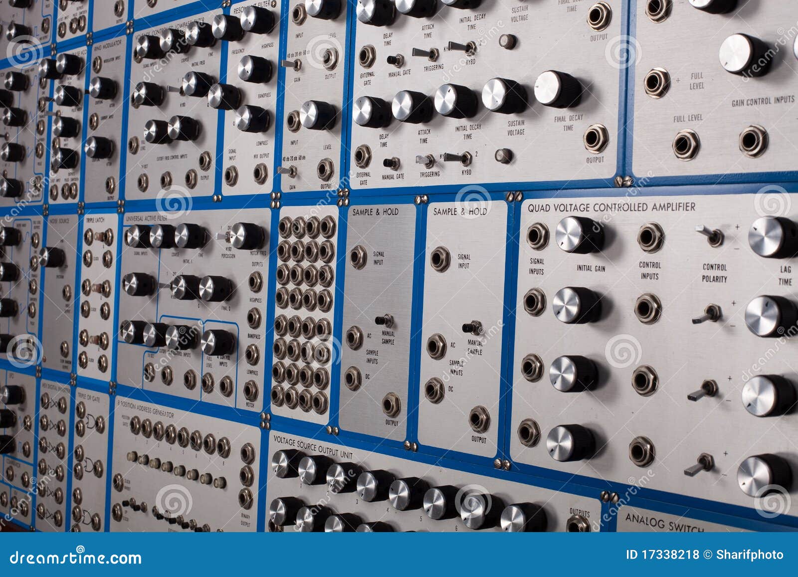 side view of vintage analog modular synthesizer
